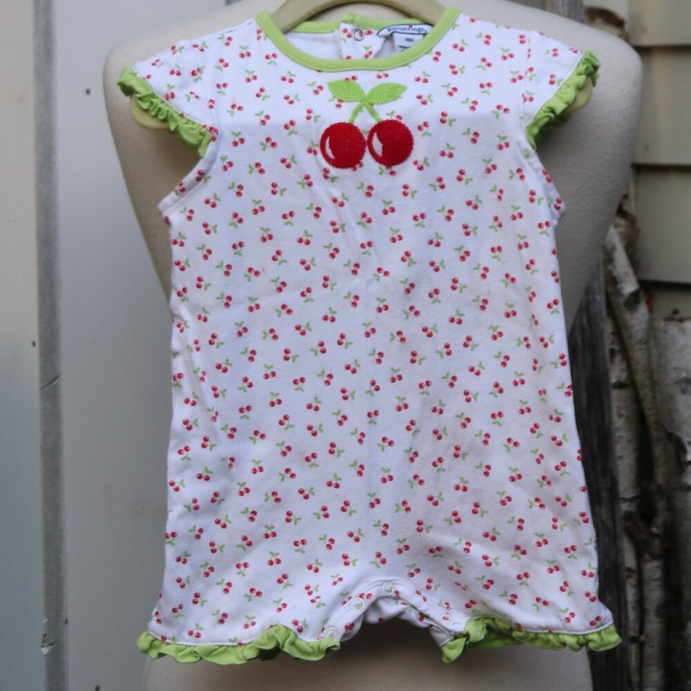 Hartstrings White w Cherry Print Embroidered Chest Cotton 1 Piece Shortall 18 mo